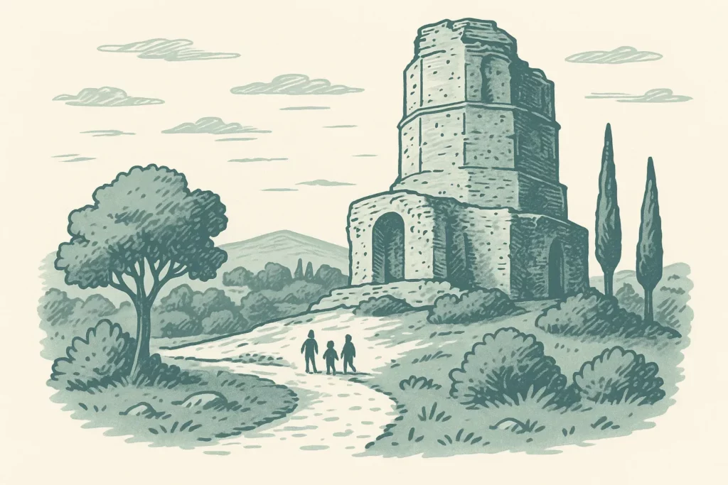 Illustration bicolore de style gravure d'une famille devant une ruine antique.