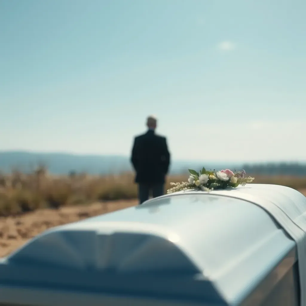 Vue de dos d'une personne en costume devant un cercueil lors de funérailles.